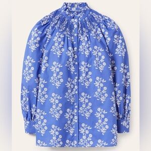 BODEN Smocked High Neck Shirt in Atlantic Ocean, Leafy Cluster